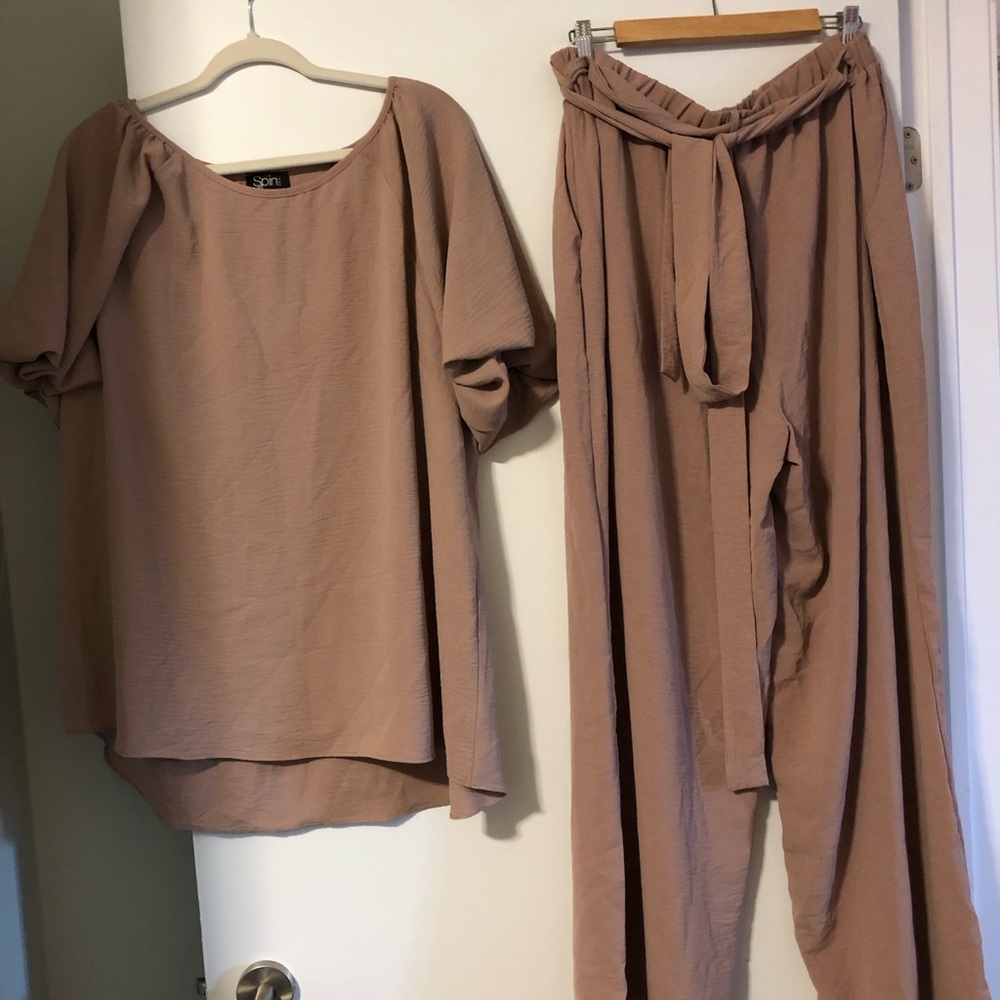 SPIN USA Tan blouse & wide leg pants set Relaxed Fit with Tie Waist